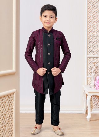 Machine Embroidery, Stone and Thread Work Silk Indo Western In Black and Wine