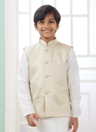 Machine Embroidery Work Art Silk Kurta Payjama with Jacket In Cream and White for Ceremonial