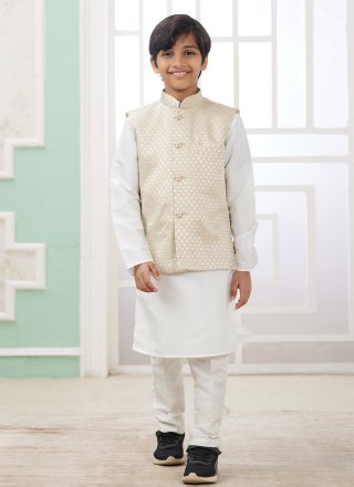 Machine Embroidery Work Art Silk Kurta Payjama with Jacket In Cream and White for Ceremonial