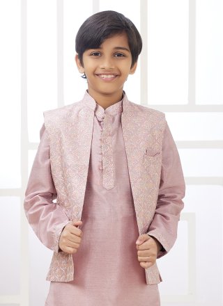 Machine Embroidery Work Art Silk Kurta Payjama with Jacket In Pink Color