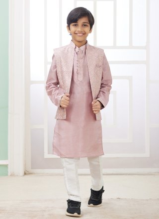 Machine Embroidery Work Art Silk Kurta Payjama with Jacket In Pink Color