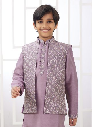 Machine Embroidery Work Art Silk Kurta Payjama with Jacket In Pink Color