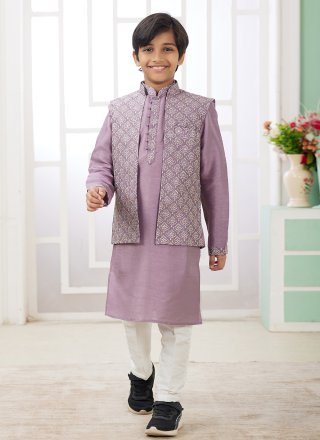 Machine Embroidery Work Art Silk Kurta Payjama with Jacket In Pink Color