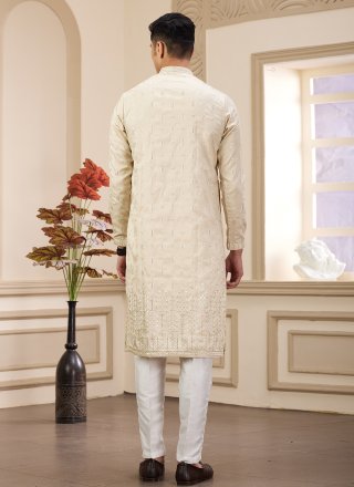 Machine Embroidery Work Art Silk Kurta Pyjama In Beige Color