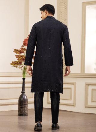 Machine Embroidery Work Art Silk Kurta Pyjama In Black Color