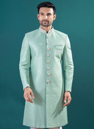 Machine Embroidery Work Lucknowi Indo Western In Sea Green