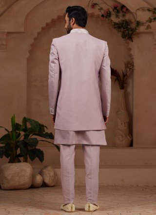 Machine Embroidery Work Silk Indo Western Sherwani In Pink
