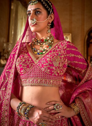 Magenta and Pink Embroidered, Pearls, Sequins, Thread, Weaving and Zari Work Silk A - Line Lehenga Choli
