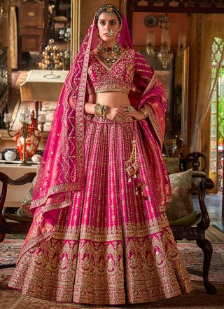 Magenta and Pink Embroidered, Pearls, Sequins, Thread, Weaving and Zari Work Silk A - Line Lehenga Choli