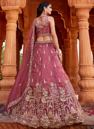 Magenta and Pink Tissue Beads, Embroidered, Sequins, Stone and Zari Work A - Line Lehenga Choli