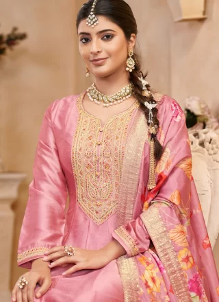 Magenta and Pink Vichitra Silk Floor Length Salwar Suit