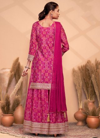 Magenta and Purple Chinon Salwar Suit with Digital Print, Embroidered, Mirror, Sequins and Stone Work