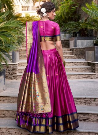 Magenta and Purple Jacquard Silk Weaving and Zari Work A - Line Lehenga Choli