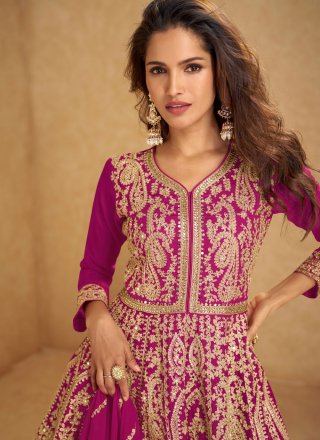 Magenta and Rani Chinon Embroidered, Mirror and Zari Work Sharara Set