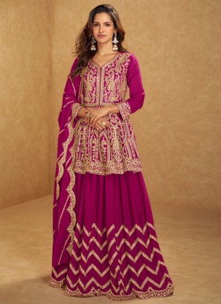 Magenta and Rani Chinon Embroidered, Mirror and Zari Work Sharara Set