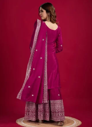 Magenta and Rani Chinon Readymade Salwar Suit with Embroidered, Sequins and Zari Work