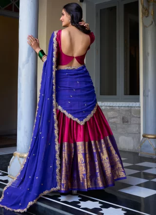Magenta and Rani Fancy Fabric Weaving and Zari Work A - Line Lehenga Choli