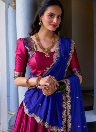 Magenta and Rani Fancy Fabric Weaving and Zari Work A - Line Lehenga Choli