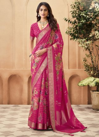 Magenta and Rani Silk Print and Weaving Work Designer Saree for Ceremonial