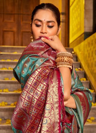 Magenta and Sea Green Weaving Work Banarasi Silk Classic Sari