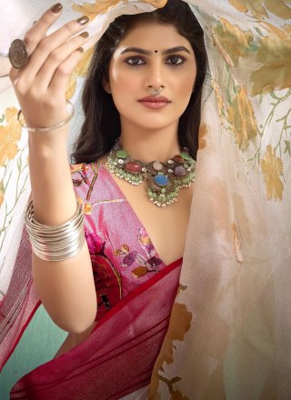Magenta and White Silk Fancy and Print Work Classic Saree