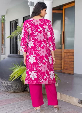Magenta Blended Cotton Designer Kurti with Print Work for Casual