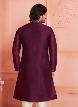 Magenta Brocade Kurta Pyjama with Pintex Work for Men