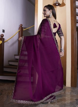 Magenta Chiffon Contemporary Sari with Hand and Lace Work