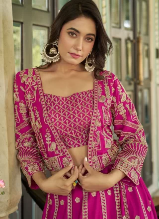 Magenta Chinon Readymade Lehenga Choli with Embroidered and Zari Work