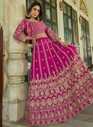 Magenta Chinon Readymade Lehenga Choli with Embroidered and Zari Work