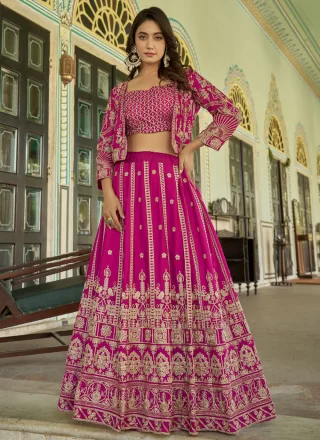 Magenta Chinon Readymade Lehenga Choli with Embroidered and Zari Work