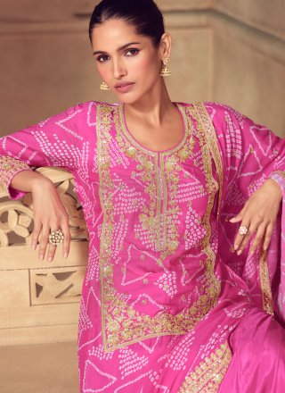 Magenta Chinon Readymade Salwar Suit with Digital Print, Embroidered and Zari Work