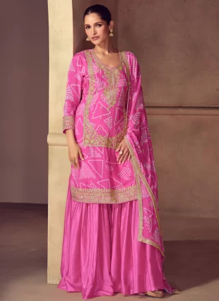 Magenta Chinon Readymade Salwar Suit with Digital Print, Embroidered and Zari Work