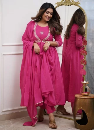 Magenta Cotton Readymade Salwar Suit with Embroidered Work