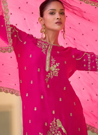 Magenta Crepe Silk Embroidered, Sequins and Zari Work Readymade Salwar Suit for Ceremonial
