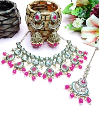 Magenta Diamond, Moti and Stone Work Necklace Set