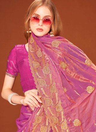 Magenta Fandy Trendy Saree with Embroidered, Zari and Zircon Work
