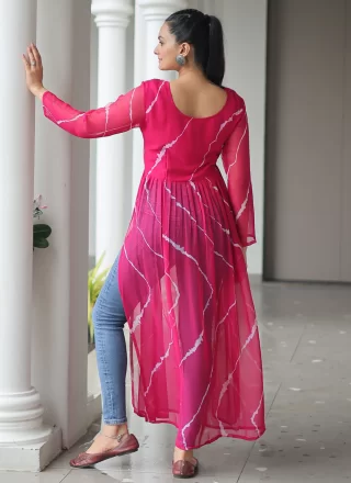 Magenta Faux Georgette Patch Border and Print Work Casual Kurti