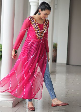 Magenta Faux Georgette Patch Border and Print Work Casual Kurti