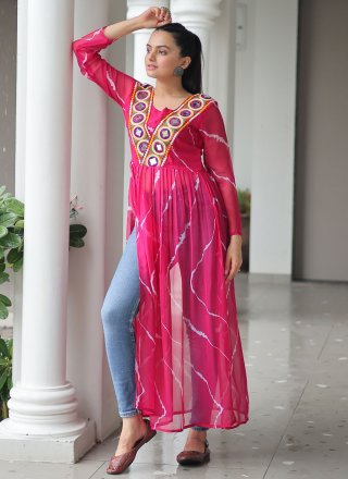 Magenta Faux Georgette Patch Border and Print Work Casual Kurti