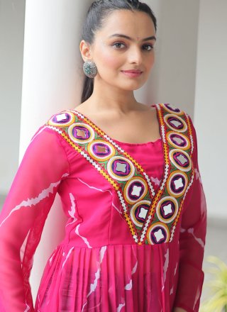 Magenta Faux Georgette Patch Border and Print Work Casual Kurti