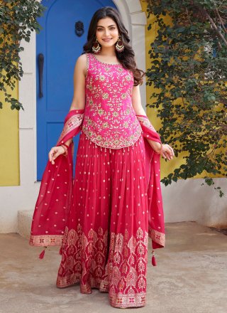 Magenta Georgette Embroidered, Mirror and Zari Work Salwar Suit for Festival