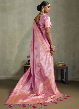 Magenta Satin Silk Banarasi Jari, Patch Border, Meenakari and Woven Work Designer Sari for Ceremonial