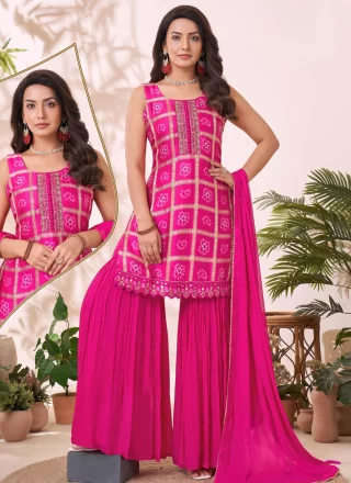 Magenta Silk Embroidered, Print and Thread Work Salwar Suit for Ceremonial