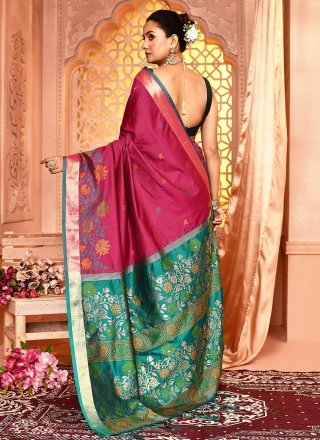 Magenta Silk Floral Patch Work Contemporary Sari for Ceremonial