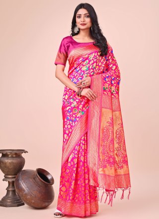 Magenta Silk Jacquard Work Traditional Saree for Women