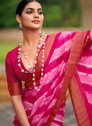Magenta Silk Patch Border, Jacquard and Strips Print Work Traditional Saree for Ceremonial