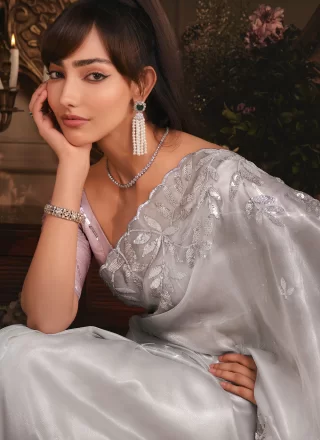 Magnetic Grey Organza Trendy Saree with Patch Border, Cut, Embroidered, Sequins and Zari Work