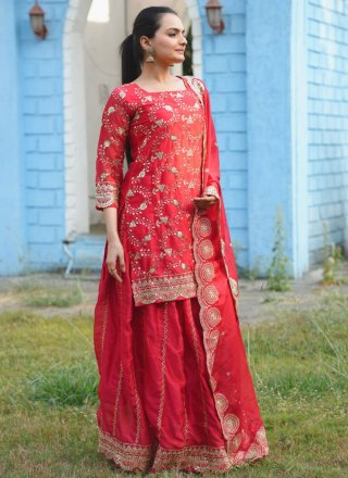 Magnetic Red Rangoli Readymade Lehenga Choli with Embroidered, Sequins and Zari Work