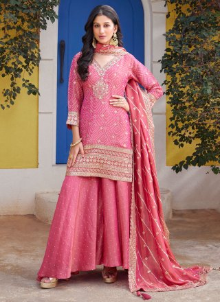 Magnificent Pink Silk Readymade Salwar Suit with Embroidered, Print, Sequins and Zari Work